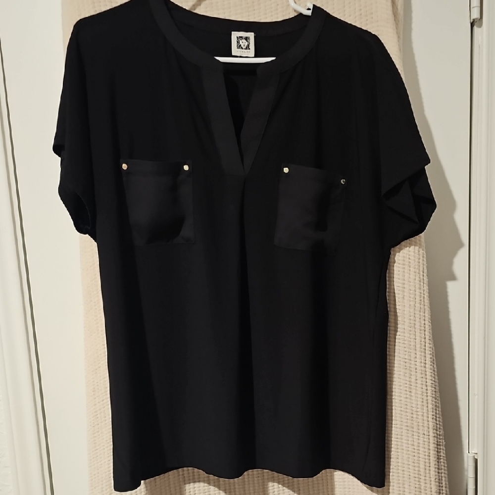 Anne Klein Classic Black Blouse with Pocket Accents